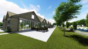 A Row Of Commercial Buildings With Outdoor Seating And Green Spaces