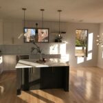 A Modern Kitchen With An Island And Herringbone Backsplash By Architects